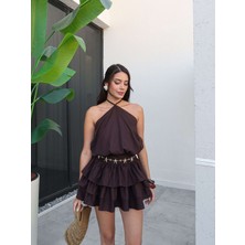 Bel Drape Ip Bağlamalı Mini Elbise