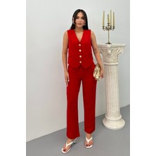 Kadın Alt Üst Takım Şık Gold Düğme Detaylı V Yaka Yelek Pantolon Takım