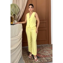 Kadın Alt Üst Takım Şık Gold Düğme Detaylı V Yaka Yelek Pantolon Takım