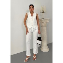 Kadın Alt Üst Takım Şık Gold Düğme Detaylı V Yaka Yelek Pantolon Takım