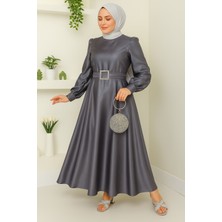Kadın Giyim Abiye Moda Kemeri Taşlı Uzun Tesettür Saten Abiye Elbise 2753
