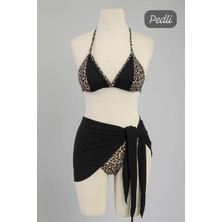 Kadın Siyah ve Leopar Desenli Pareolu 3'lü Bikini Takımı
