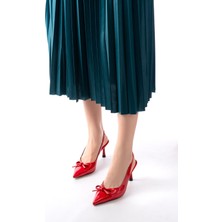 Kadın AYAKKABIİNF-4500 Kırmızı Rugan Günlük Arkası Açık Fiyonklu Topuklu Bayan Ayakkabı