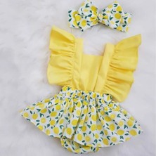 Kız Bebek Limon Desenli Sarıfırfır Salopet &bandana Set