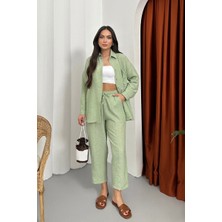 Kadın Alt Üst Takım Yazlık Keten Cep Detaylı Pantolon Gömlek Ikili Takım