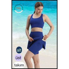 Kadın Mavi Etekli Biker Şortlu Mayo Takım Göğüs Pedli Yüksek Bel Toparlayıcı Büyük Beden Uyumlu