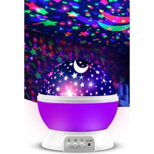 Ay ve Yıldızlı Gökyüzü Yansıtmalı Dönen Projeksiyon Gece Lambası- Çocuk Bebek Odası Mor