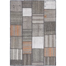 Teselya Gri Çizgili Etnik Modern Desenli Yün Hav Toz Vermez Leke Tutmayan Salon Yolluk Mutfak El Dokuma Halı