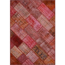 Iskece Kırmızı Eskitme Etnik Modern Desenli Yün Hav Toz Vermez Leke Tutmayan Salon Yolluk Mutfak El Dokuma Halı