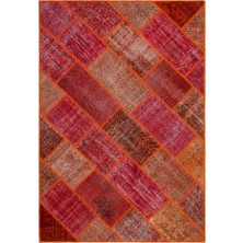 Iskece Kırmızı Eskitme Etnik Modern Desenli Yün Hav Toz Vermez Leke Tutmayan Salon Yolluk Mutfak El Dokuma Halı