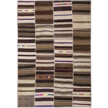 Bespoky Bej Patchwork Çizgili Halı | Salon Yatak Odası Halısı | UNİQUE-2261