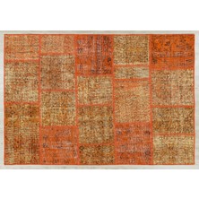 Bespoky Turuncu Patchwork Vintage Yün Halı | Salon Yatak Odası Halısı | %100 Doğal Yün El Yapımı El Dokuma | PATCHWORK-5570