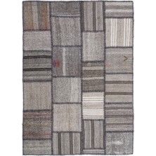 Bespoky 160x230 cm Bej Gri Patchwork Etnik Çizgili Halı | Salon Yatak Odası Halısı | UNİQUE-1321