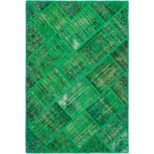 Iskece Yeşil Eskitme Etnik Modern Desenli Yün Hav Toz Vermez Leke Tutmayan Salon Yolluk Mutfak El Dokuma Halı