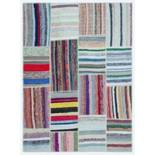 Bespoky 160x218 cm Çok Renkli Yama işi Patchwork Çizgili Halı | Salon Yatak Odası Halısı | UNİQUE-25273