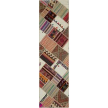 Bespoky 82x295 cm Bej Çok renkli Patchwork Etnik Geometrik Halı | Mutfak Yolluk Halısı | UNİQUE-22549