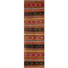 Bespoky 86x291 cm Bej Kırmızı, Siyah Çizgili Etnik Geometrik Halı | Mutfak Yolluk Halısı | UNİQUE-36414