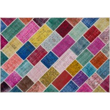 Mavi Patchwork Yün Modern Desenli Yün Hav Toz Vermez Leke Tutmayan Salon Yolluk Mutfak El Dokuma Halı