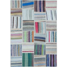 Hali.Net 160x230 cm Bej Çok Renkli Çizgili Bohem Patchwork Halı | Salon Yatak Odası Halısı | Hav Vermez | UNİQUE-22539
