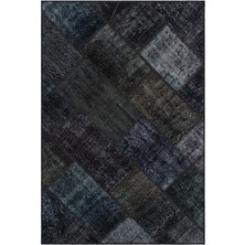 Hali.Net 120x180 cm Siyah Koyu Gri Soyut Vintage Patchwork Halı | Salon Yatak Odası Halısı | Hav Vermez | UNİQUE-31179