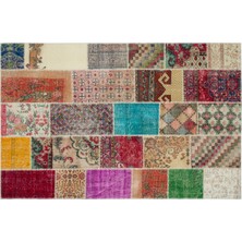 Kırmızı Patchwork Yün Modern Desenli Yün Hav Toz Vermez Leke Tutmayan Salon Yolluk Mutfak El Dokuma Halı