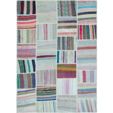 Hali.Net 158x220 cm Bej Çok Renkli Çizgili Bohem Patchwork Halı | Salon Yatak Odası Halısı | Hav Vermez | UNİQUE-25246