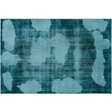 Turkuaz Eskitme Yün Modern Desenli Yün Hav Toz Vermez Leke Tutmayan Salon Yolluk Mutfak El Dokuma Halı