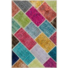 Hali.Net 122x182 cm Bej Çok Renkli Geleneksel Bohem Patchwork Halı | Salon Yatak Odası Halısı | Hav Vermez | UNİQUE-34145
