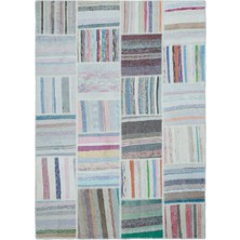 Hali.Net 160x224 cm Bej Açık Renkli Çizgili Bohem Patchwork Halı | Salon Yatak Odası Halısı | Hav Vermez | UNİQUE-22526