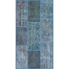Hali.Net 80x150 cm Krem Mavi Karışık Desenler Bohem Patchwork Halı | Salon Mutfak Halısı | Hav Vermez | UNİQUE-26221
