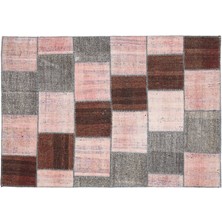 Pembe Patchwork Etnik Modern Desenli Yün Hav Toz Vermez Leke Tutmayan Salon Yolluk Mutfak El Dokuma Halı