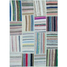 Hali.Net 160x222 cm Bej Çok Renkli Çizgili Bohem Yamalı Halı | Salon Yatak Odası Halısı | Hav Vermez | UNİQUE-25265