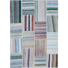 Hali.Net 160x224 cm Bej Çok Renkli Çizgili Bohem Patchwork Halı | Salon Yatak Odası Halısı | Hav Vermez | UNİQUE-25469