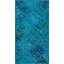 Hali.Net 80x150 cm Bej Mavi Geleneksel Bohem Patchwork Halı | Salon Mutfak Halısı | Hav Vermez | UNİQUE-25076