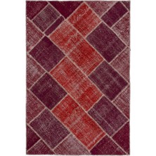 Teselya Kırmızı Patchwork Etnik Modern Desenli Yün Hav Toz Vermez Leke Tutmayan Salon Yolluk Mutfak El Dokuma Halı