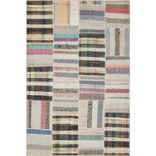 Hali.Net 152x226 cm Bej Çok Renkli Çizgili Bohem Patchwork Halı | Salon Yatak Odası Halısı | Hav Vermez | UNİQUE-36341