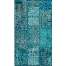 Hali.Net 80x150 cm Bej Turkuaz Soyut Bohem Patchwork Halı | Salon Mutfak Halısı | Hav Vermez | UNİQUE-31399