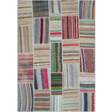 Hali.Net 189x273 cm Çok Renkli Çizgili Bohem Yama Halı | Salon Yatak Odası Halısı | Hav Vermez | UNİQUE-22405