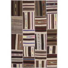Bespoky 160x230 cm Bej Kahverengi, Bej Yama işi Patchwork Çizgili Halı | Salon Yatak Odası Halısı | UNİQUE-2262