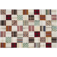 Hali.Net 160x230 cm Bej Çok Renkli Geometrik Patchwork Patchwork Halı | Salon Yatak Odası Halısı | Hav Vermez | UNİQUE-1127