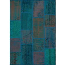 Iskece Turkuaz Eskitme Etnik Modern Desenli Yün Hav Toz Vermez Leke Tutmayan Salon Yolluk Mutfak El Dokuma Halı