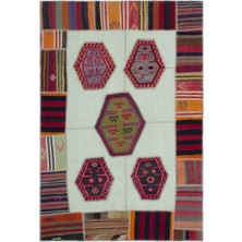 Hali.Net 158x233 cm Kırmızı Krem Geometrik Etnik Yamalı (patchwork) Halı | Salon Yatak Odası Halısı | Hav Vermez | UNİQUE-25305