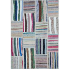 Hali.Net 160x230 cm Bej Çok Renkli Çizgili Bohem Yama İşi Halı | Salon Yatak Odası Halısı | Hav Vermez | UNİQUE-25491