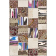 Hali.Net 120x182 cm Pembe Çok Renkli Geometrik Etnik Patchwork Halı | Salon Yatak Odası Halısı | Hav Vermez | UNİQUE-11508