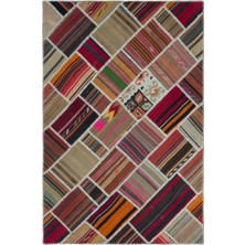 Hali.Net 156x234 cm Turuncu Çok Renkli Geometrik Etnik Patchwork Halı | Salon Yatak Odası Halısı | Hav Vermez | UNİQUE-25584