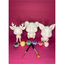 Orman Hayvanları Boyama Seti – Geyik, Ayı, Tilki | 10 cm 3 Figür + 2 Fırça + 6 Renk Boya