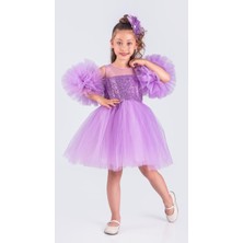 Pul Payetli Kol Detaylı Kız Çocuk Abiye Elbise