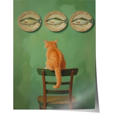 Çerçevesiz Poster, Sandalye Üstünde Kedi–yeşil Arka Plan, Yatak Odası Dekoru Poster No: 108102