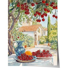 Çerçevesiz Poster, Vişne Ağaçları ve Masa Bahar Kompozisyonu, Mutfak Dekoru Poster No: 108490