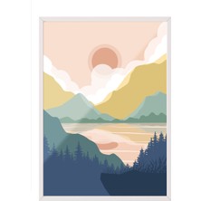 Beyaz Çerçeveli Tablo, Turuncu Dağ Manzarası Minimal Çizim, Yatak Odası Dekoru Poster No: 107955